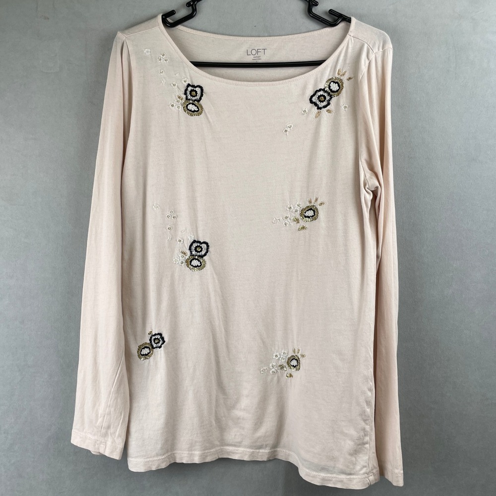 LOFT Outlet Beige Embellished Floral Bead Applique Long Sleeve Cotton Top Wmns L